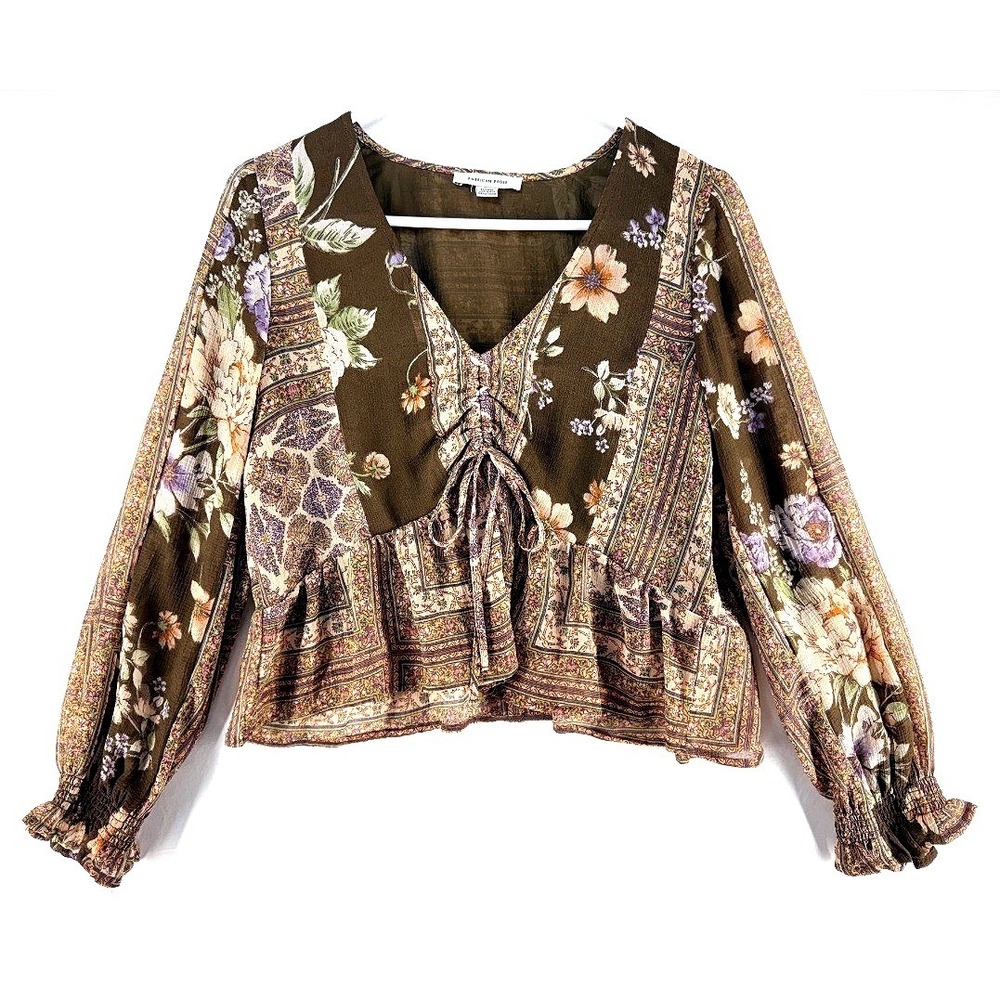 American Eagle Cottagecore Patchwork Floral Tie Front Peasant Blouse M High Low